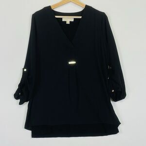 Michael Kors Black‎ Sheer Chiffon Lined Long Sleeve Roll Tab Top Shirt Womens 6